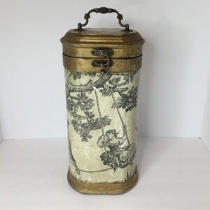 Antique Style Wine Liquor Box With Gold Trim & Black & White Scene 15.5" Tall